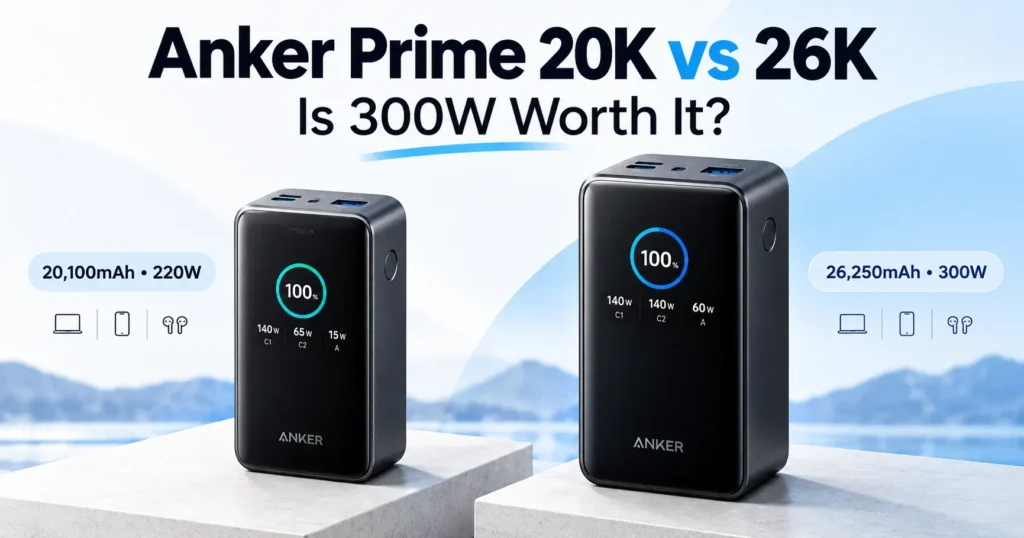 Anker Prime 20K 220W vs 26K 300W power bank comparison showing both models and their battery capacities